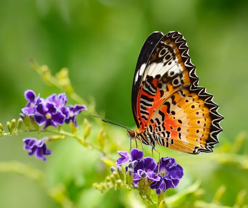 A butterfly sits gracefully on a purple flower