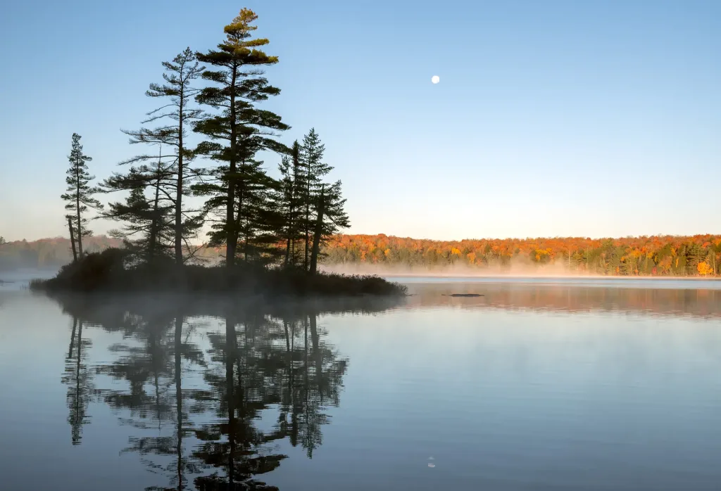 A misty lake with a full moon in the sky